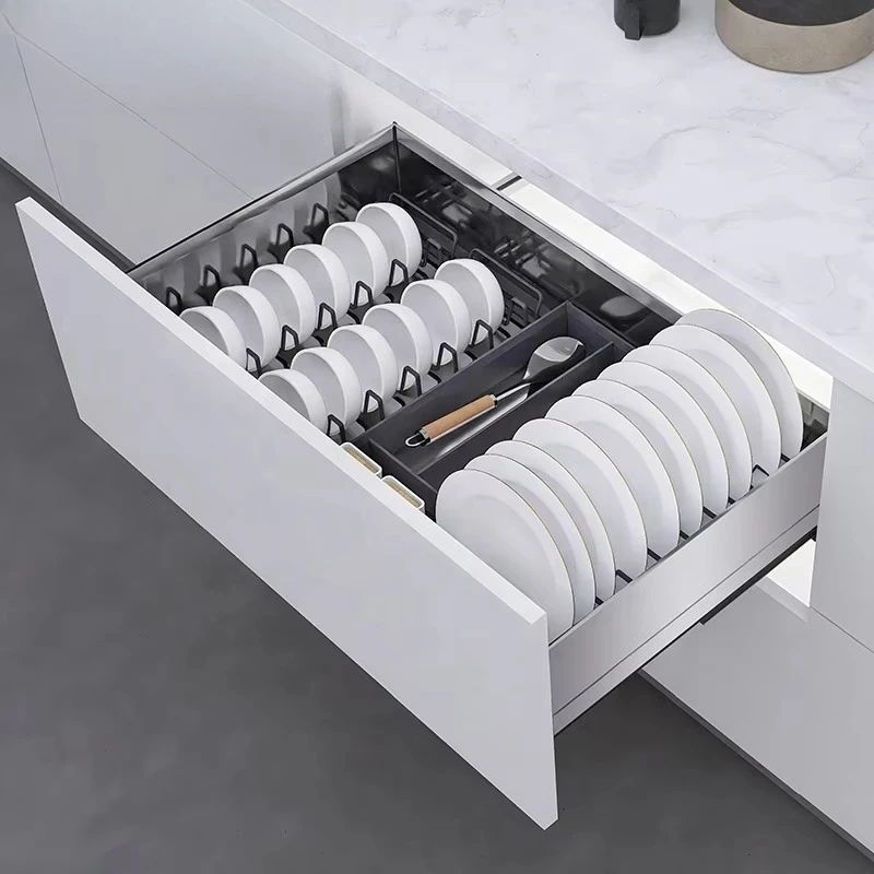 Kitchen base, cabinets, utensils, drawer organizers, metal plates, drying racks, pull-out stainless steel