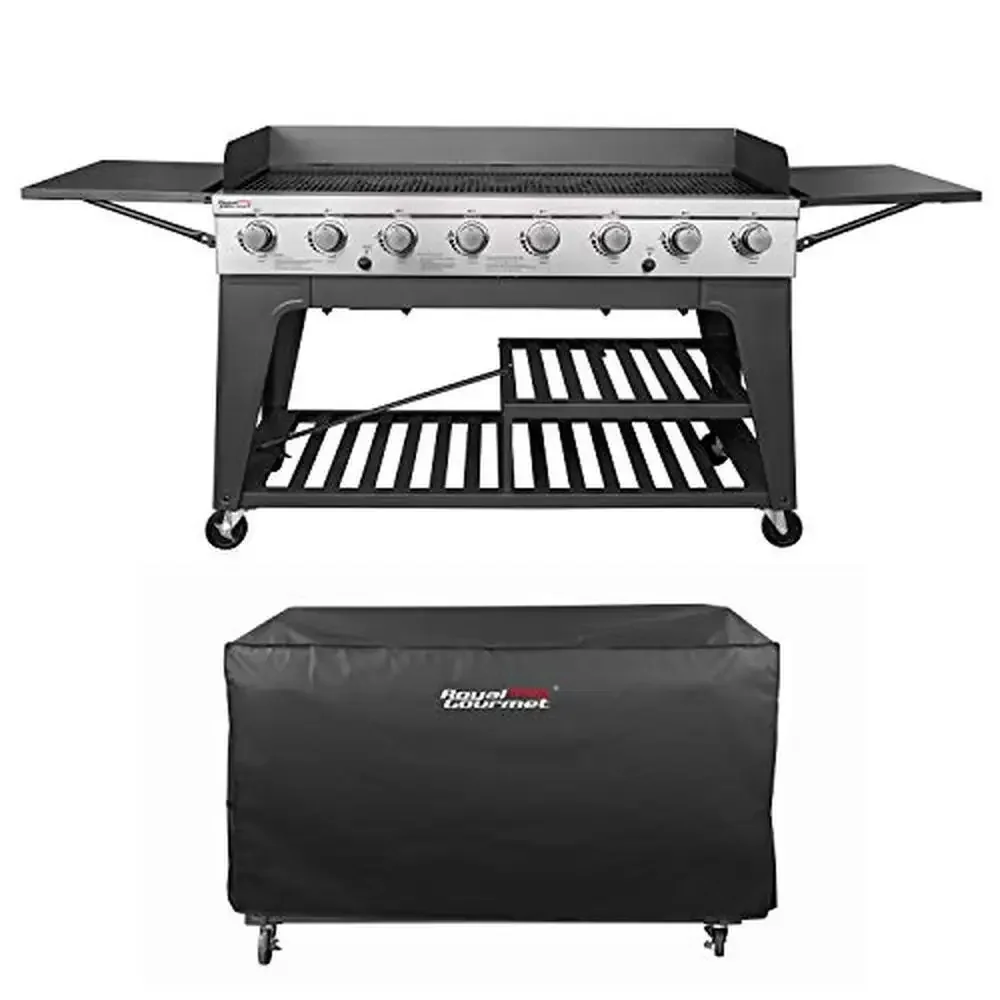 8-Burner Propane Gas BBQ Grill with Folding Windscreen Aluminum Side Tables and Waterproof Cover Outdoor Picnics or Camping