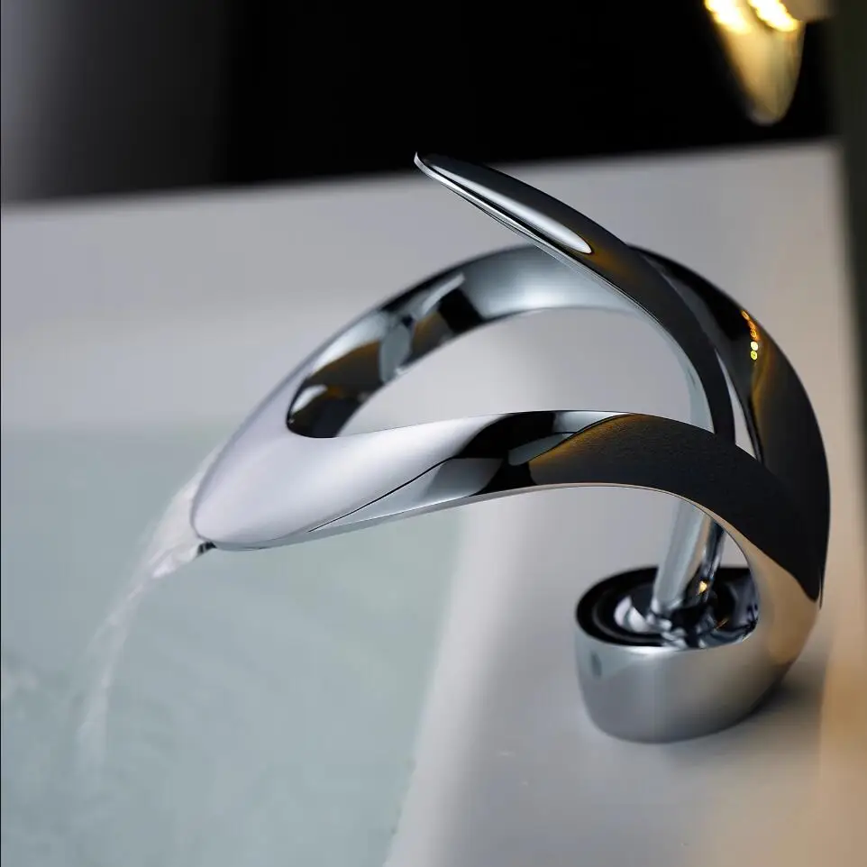 Robinets de lavabo de salle de bains noirs, robinet cascade à poignée unique, robinets mélangeurs de lavabo en laiton massif, robinet d'eau créatif au Design évidé