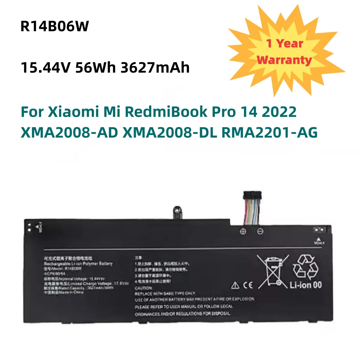 15.44V 56Wh/3627mAh R14B06W Laptop Battery For Xiaomi Mi RedmiBook Pro 14 2022 XMA2008-AD XMA2008-DL RMA2201-AG