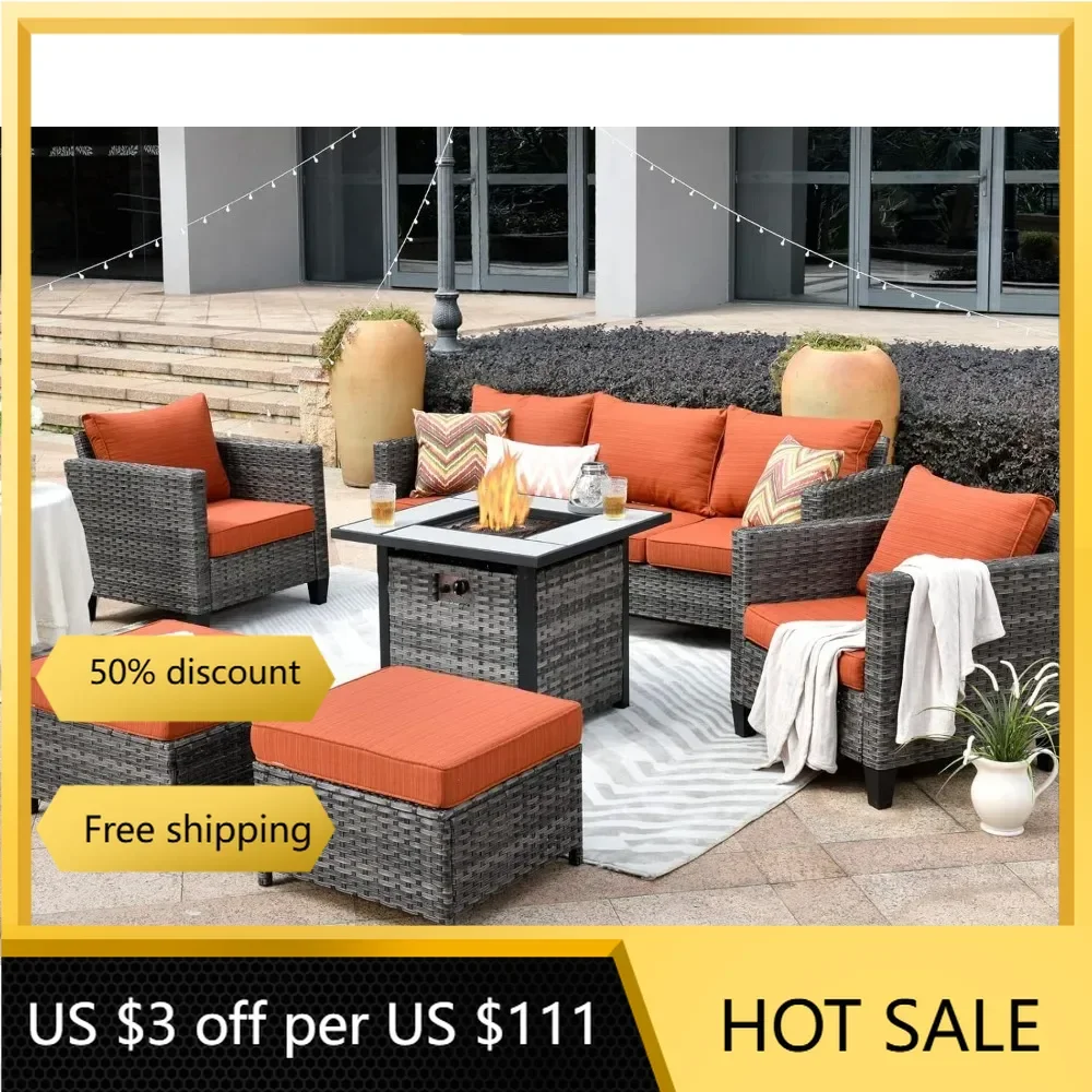 

Patio Furniture Set, 6 Pieces Outdoor Conversation Set Wicker Rattan Sofa Set with Comfortable Cushion, Ottomans, Orange Red