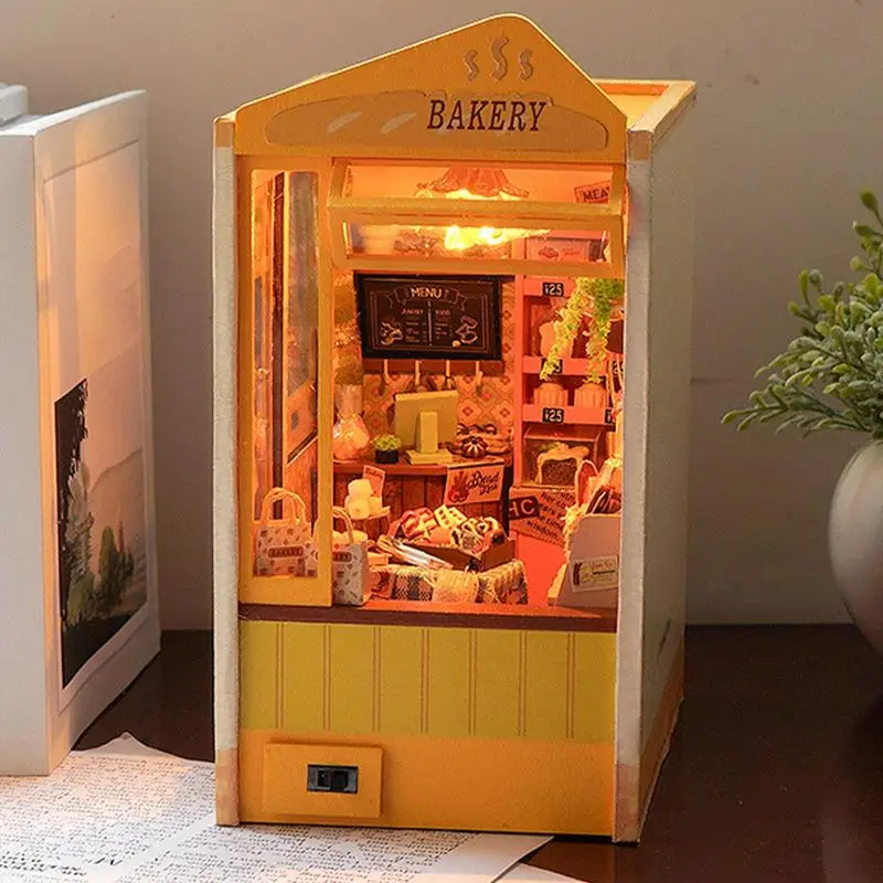 Sujetalibros de rompecabezas multiusos, estantería en miniatura con batería de botón, modelo de decoración de madera, sujetalibros que no contiene herramientas, cubierta antipolvo con pegamento