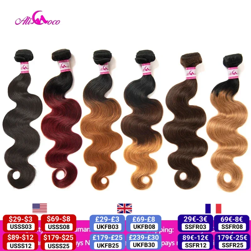 Ali Coco Braziliaanse Body Wave Hair Extensions "8-30" inch 100% Menselijk Haar Weave Bundels 3/4 STUKS Omber Remy Haar Bundels