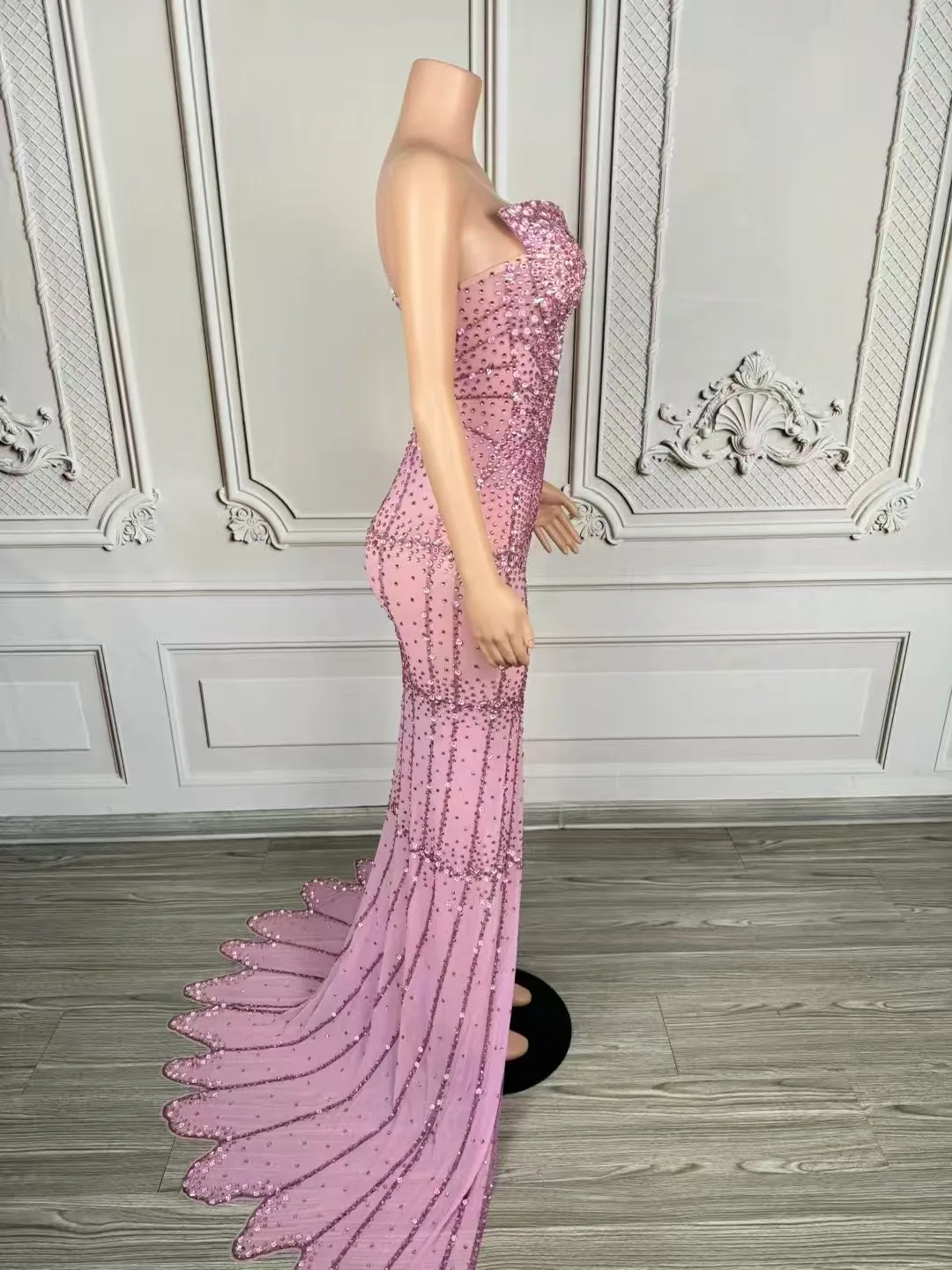 Robe de Soirée Luxueuse en Maille Transparente, Tenue de Bal Sexy, Fente Latérale, Sans Bretelles, avec Strass, pour Séance Photo