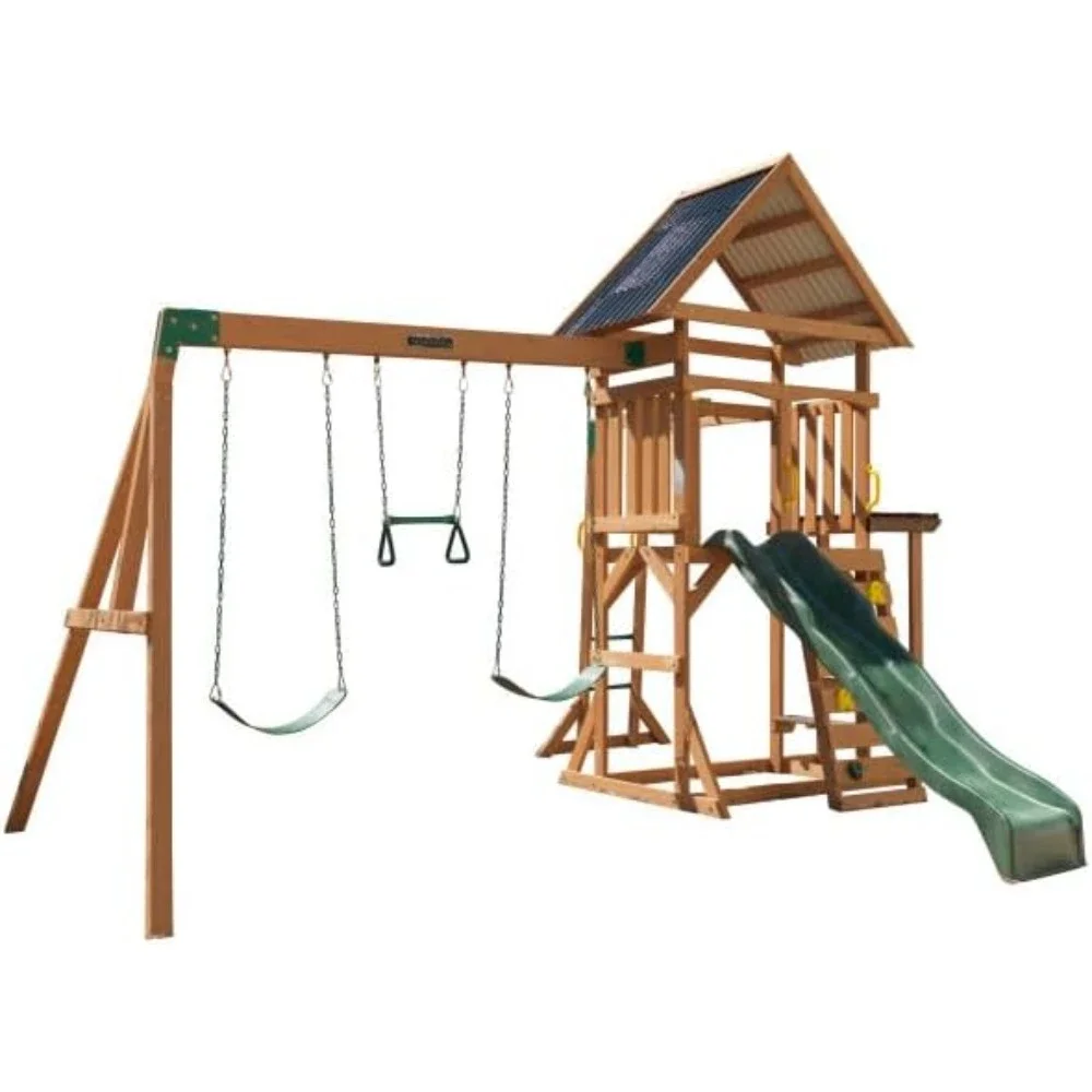 LawnMeadow Wooden Swing Set/Playset with Swings, Slide, Sandbox, Telescope Rock Wall and Monkey Bars