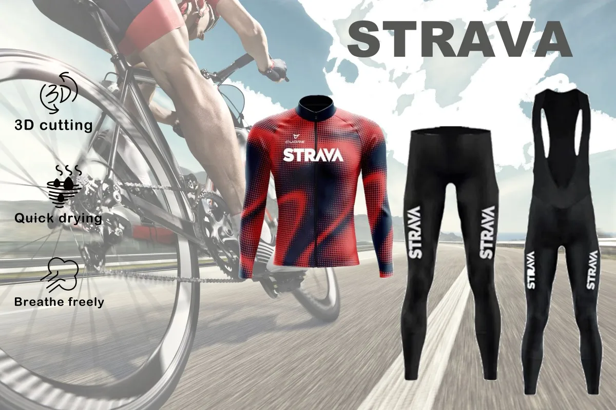 STRAVA Men's Spring Fall Cycling Jacket Long Sleeve Long Bib Pants Trousers Three-Piece Mountain Bike Road Bike Riding Gear