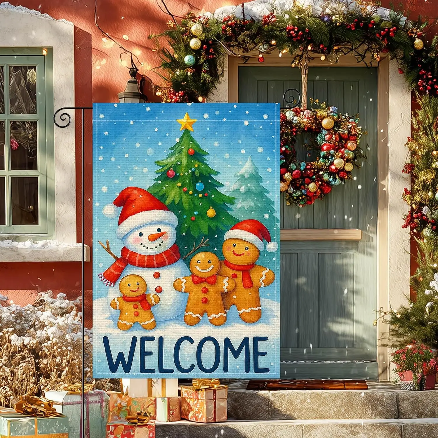 Welcome Garden Flag 12x18 Inch Snowman Gingerbread Family Burlap Double-Sided Seasonal Outdoor Holiday Banner Winter Flag fo zzo