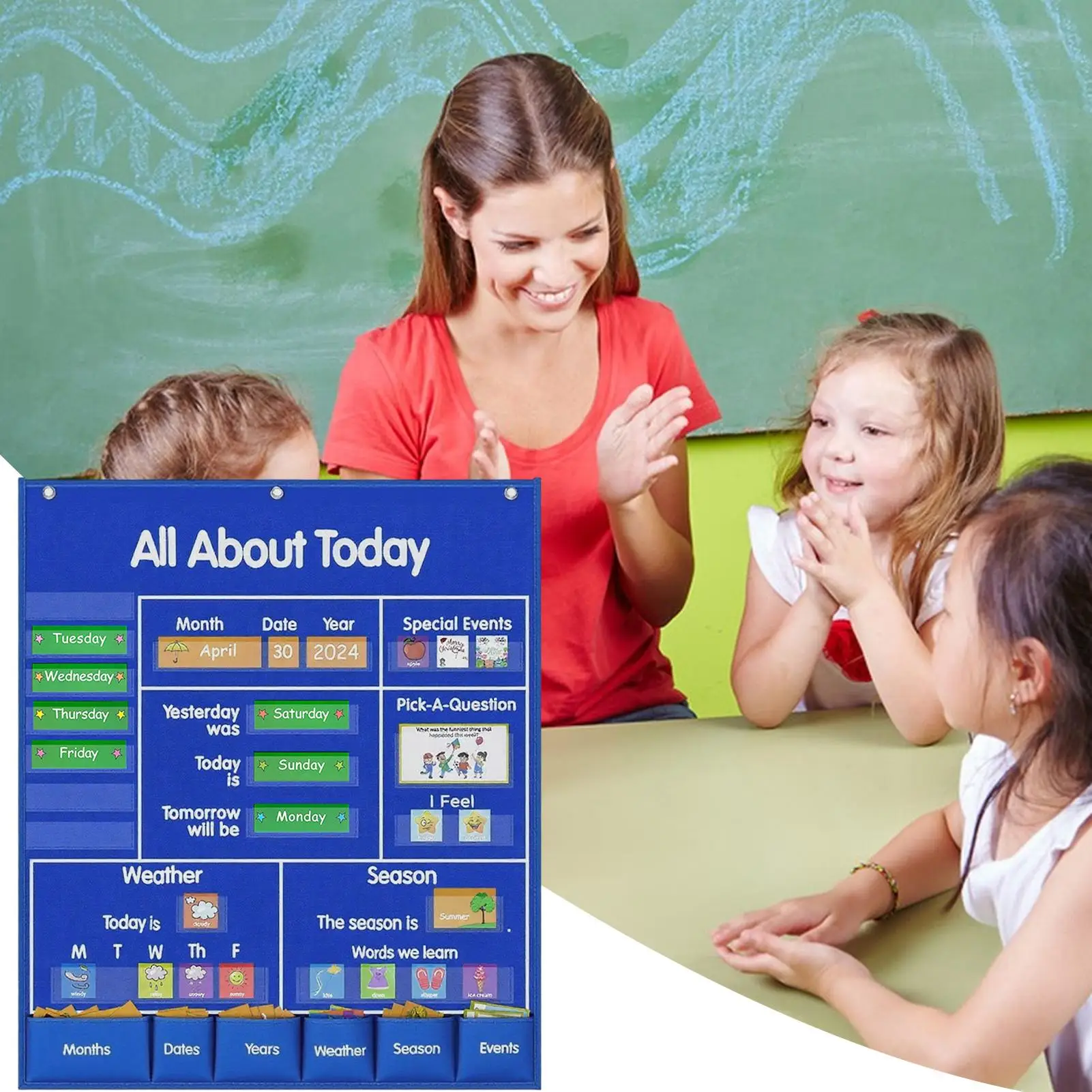 Gráfico de bolso para sala de aula, calendário grande, gráfico de bolso, jogos educativos, atividades de aprendizagem pré-escolar para crianças