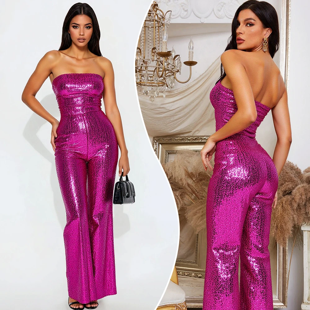 

Women's Autumn Jumpsuit Premium Strapless Corset Flared Hem Sequin Metallic Evening Jumpsuit