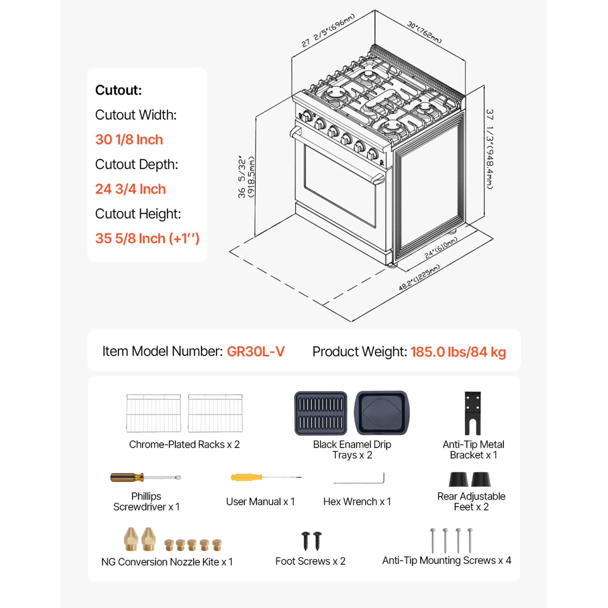 Gas Range Oven, 30 Inches Width, Freestanding Stainless Steel Stove and Oven with 5 Sealed Cooktop Burners, Easy Reach Racks, 4.8 Cu. Ft. Capacity, for Apartment, Home, Kitchen view 6
