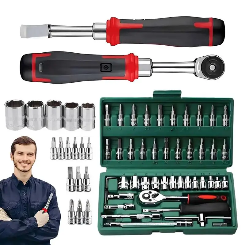 46pc Drive Socket Set Car Repair Tool Kit Ratchet Torque Wrench Combo Mechanic Tool Kits Portable Mechanics Hand Tool Set