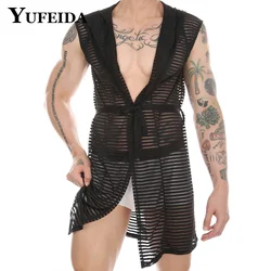 YUFEIDA Men's Transparent Lace Up Robes Comfortable Casual Bathrobes Sleeveless Hooded Striped Sleepwear Pajamas Loose Homewear