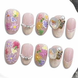 Handmade Press on Nails Pink Flowers Fake Nails Wearable Full Cover Summer Short Round French False Nail Patches for Girl Women