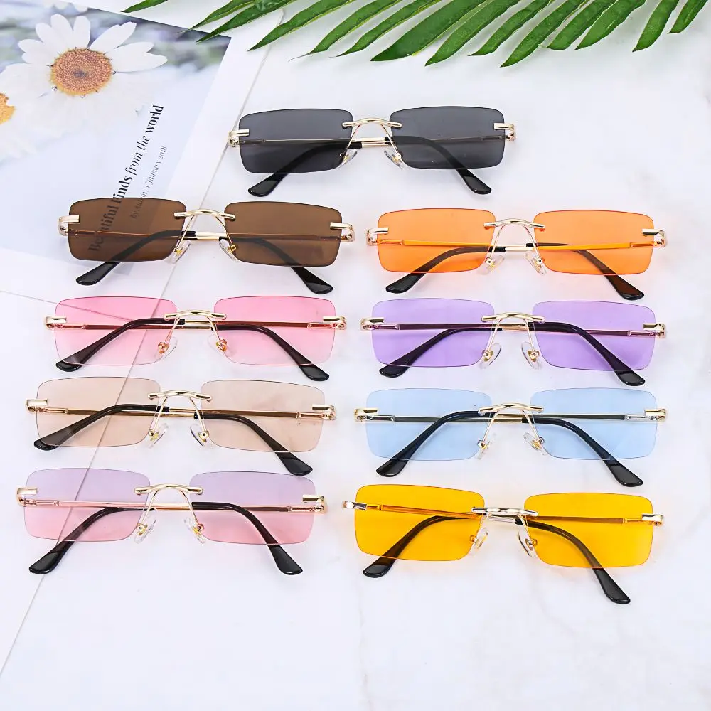 2024 New Rimless Rectangle Sunglasses Women UV400 Driving Sun Glasses Men Clear Color Summer Accessories Square Small Size