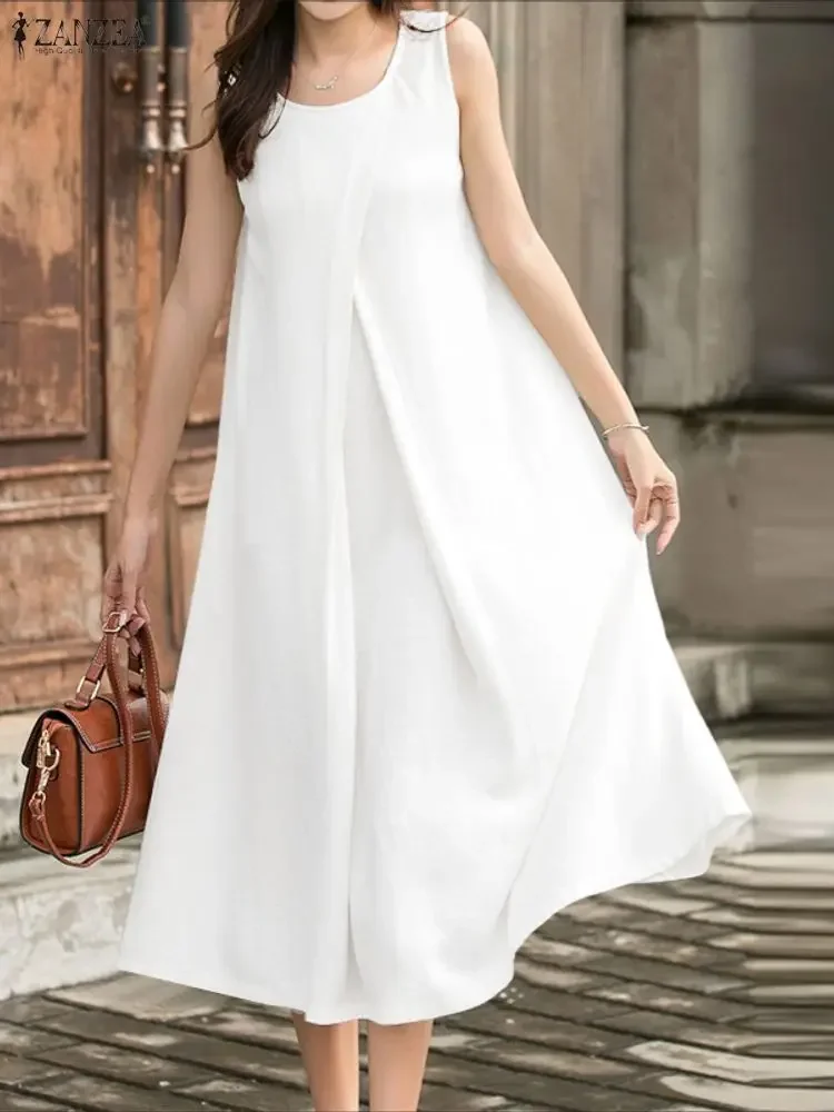 2025 ZANZEA Sexy Women Sleeveless Summer Dresses Fashion Pleated Solid Color Midi Vestidos Vintage Casual Loose Long Shirt Robe