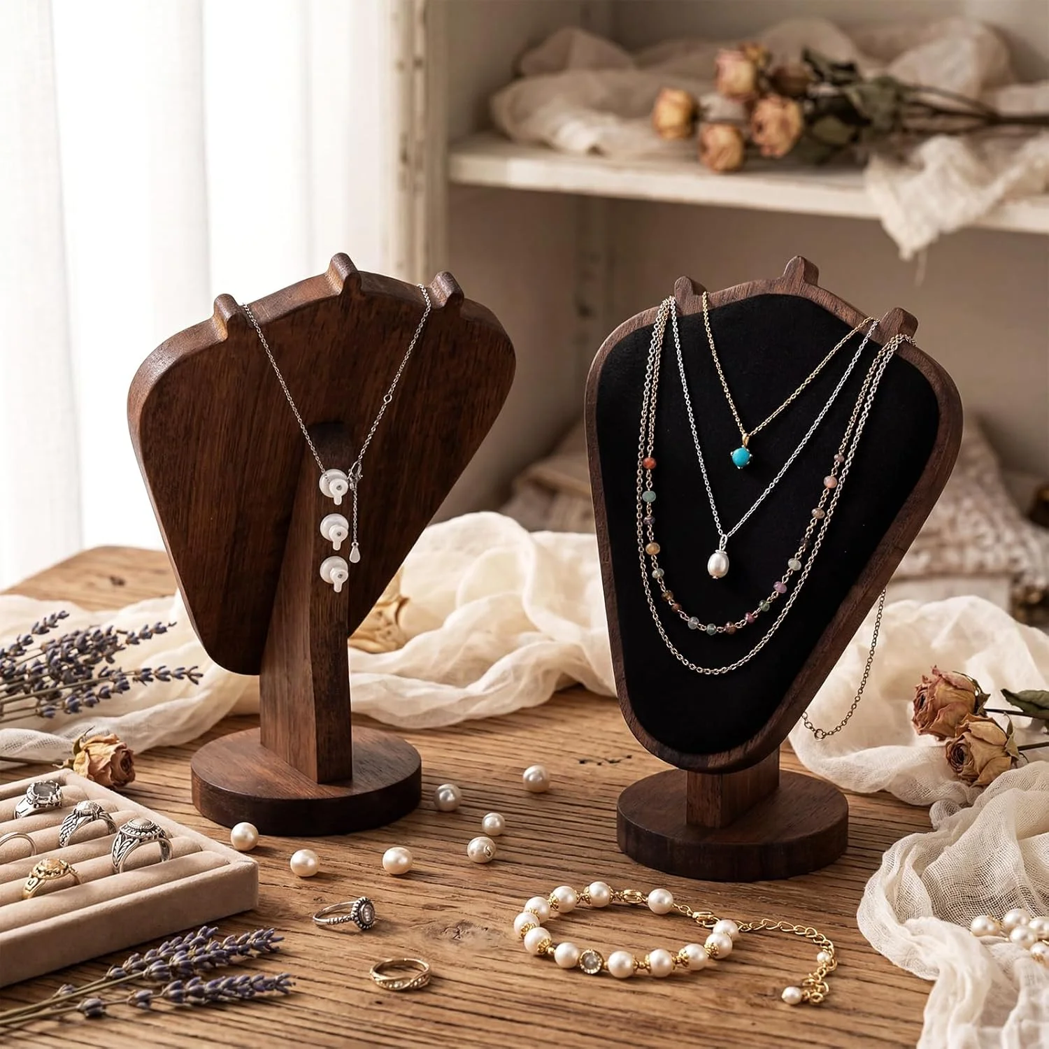 Mannequin Wooden Velvet Necklace Pendant Chain Jewelry Bust Neck Display Stand Holder Mannequin Necklace Pendant Window Display - view 4