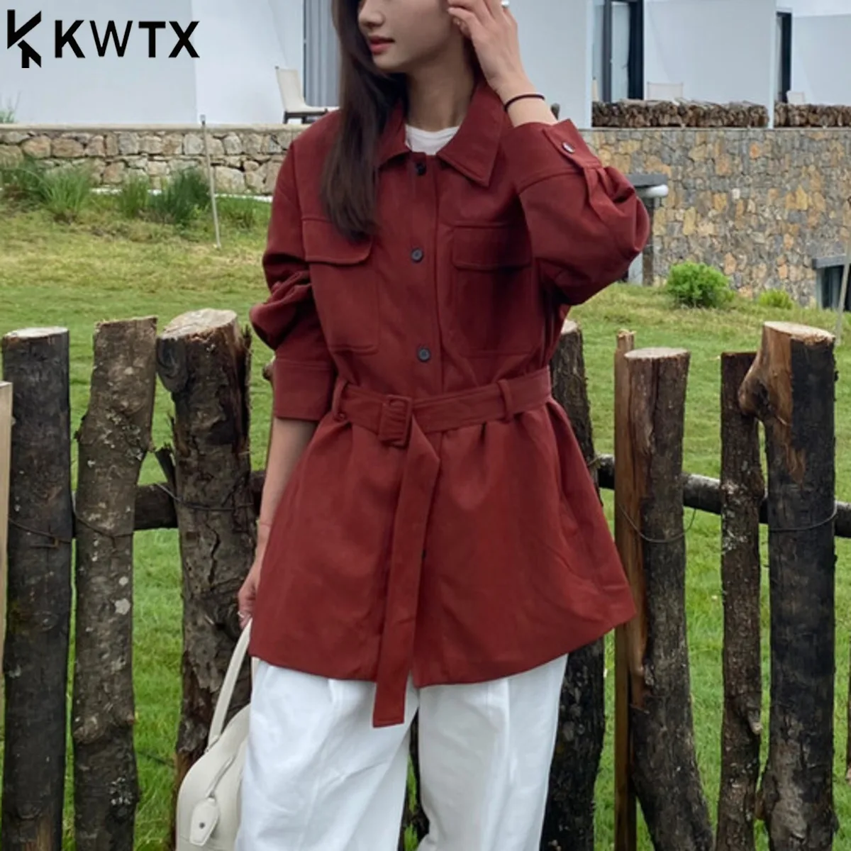 

KWTX Винтажный классический плащ женский средней длины с поясом, облегающий крой, элегантный и удобный, повседневная одежда, осенняя мода 2025