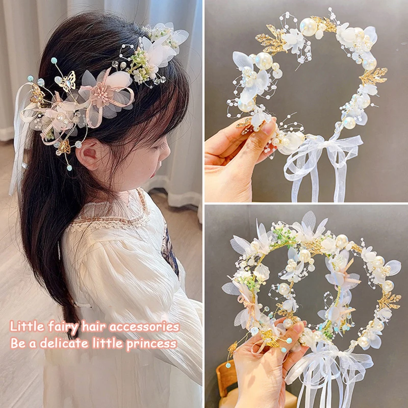 1X Hair Jewelry Children Gifts Spring Bohemian Girls Bridal Pearl Hair Headdress Flower Wreath Bride Garland Head Hoop Headbands