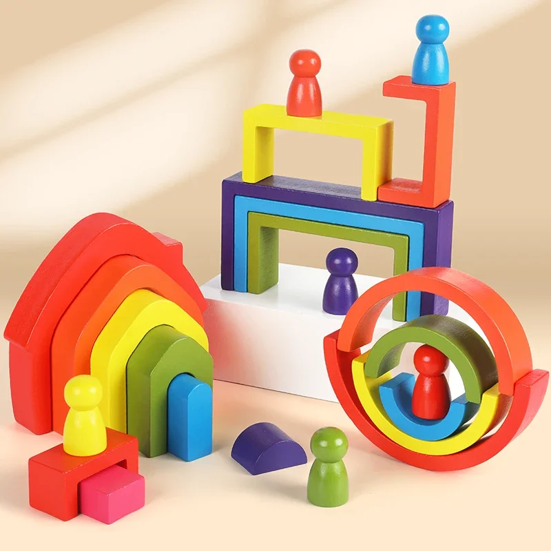 Wooden Rainbow Stacking Toys Montessori Toys Creative Baby Cognition Square/Arched Geometric Building Blocks Kids Puzzle Games