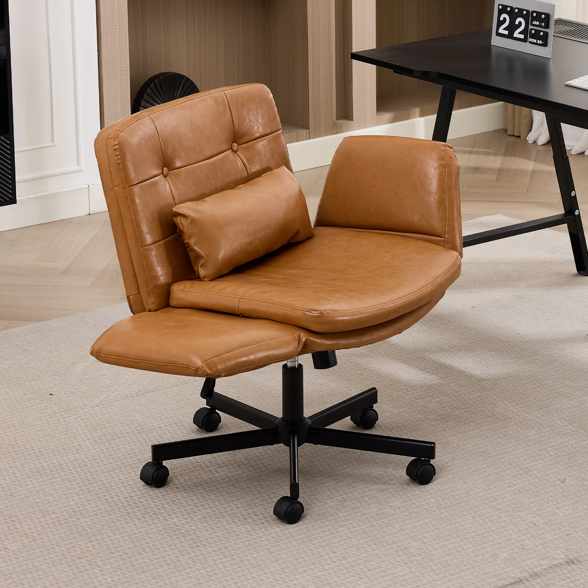 TCGBKAF Brauner Criss-Cross-Stuhl mit verstellbaren Armlehnen, PU-Leder, drehbarer Schminkstuhl mit Seitentaschen, ergonomischer Cross-Legged-Bürostuhl mit Rollen, höhenverstellbarer