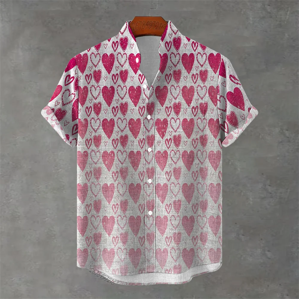 

2026 Мужская рубашка с короткими рукавами ко Дню святого Валентина с принтом в виде сердца — стильный, повседневный, красивый и элегантный мужской топ с лацканами