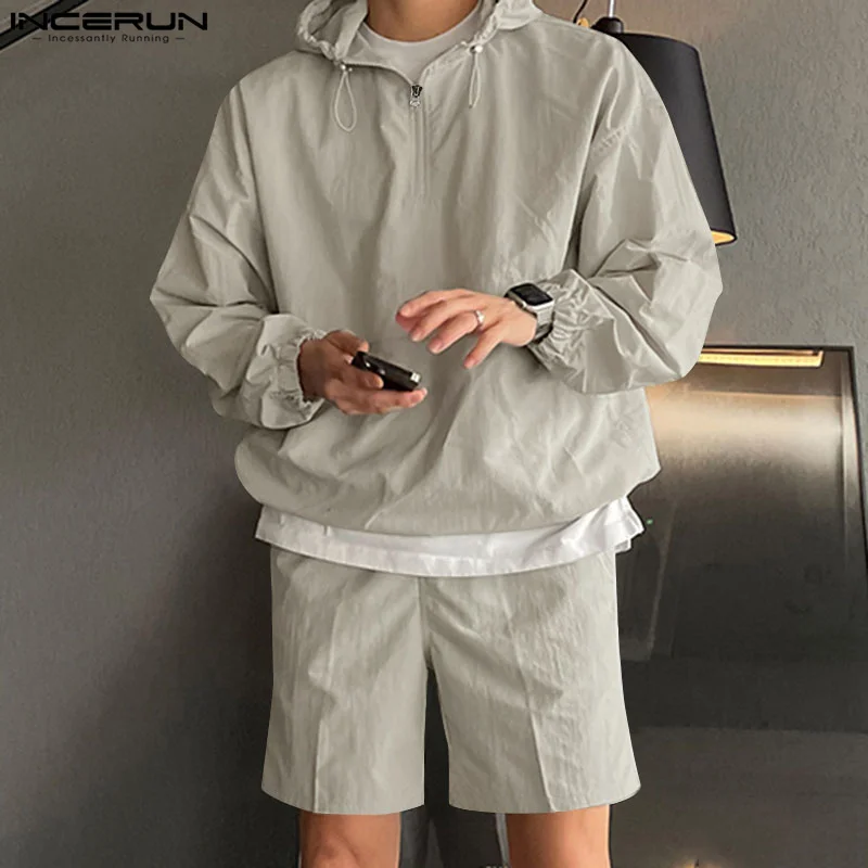 INCERUN-Conjunto de moletom e shorts com capuz masculino, streetwear masculino de carga, conjuntos de 2 peças, estilo coreano, S-5XL, moda, 2022