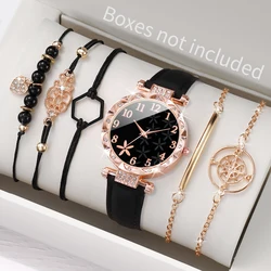 6PCS/Set Fashion Rhinestone Flowers Women Watch Leather Band Quartz Watches Bracelets Set（Without Box）