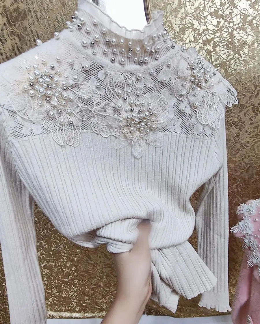 Pull tricoté en dentelle à paillettes et perles pour femmes, industrie lourde, sous-couche de fleurs féeriques, hauts en tricot