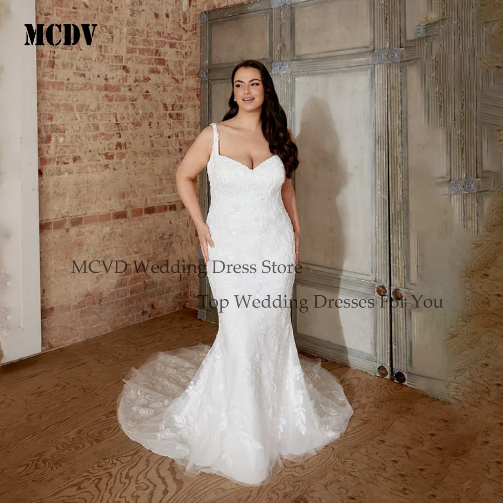 

MCDV Mermaid Plus Size Weddings Dresses For Bride Applique Spaghetti Straps Vestido Novias Backless Tulle Bride Gowns Customized