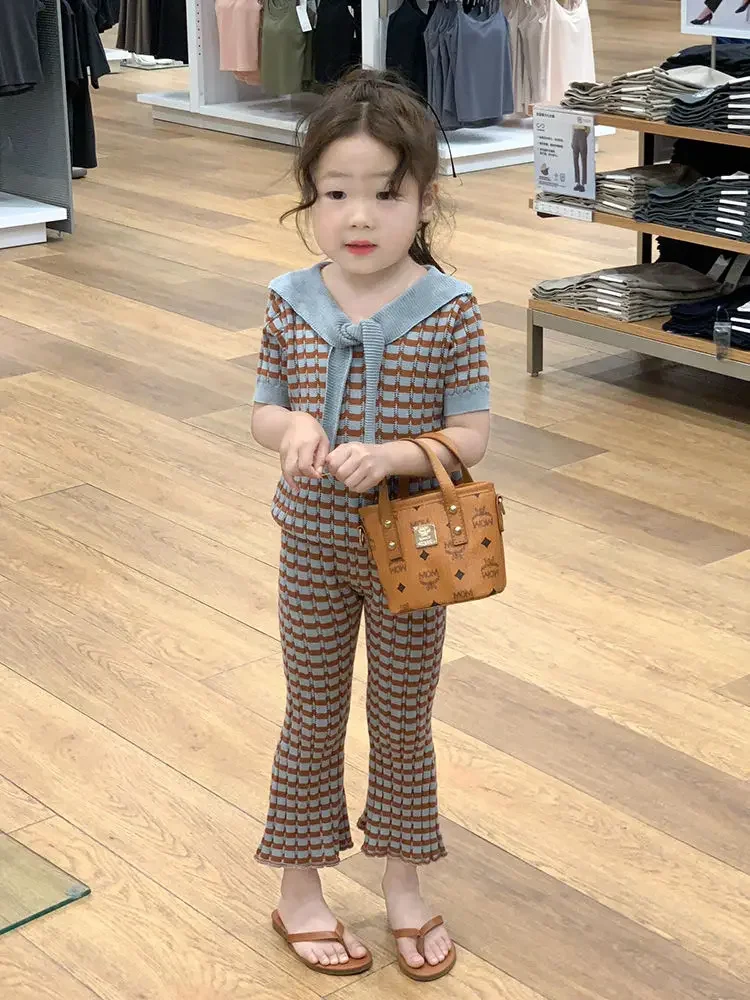 

Korean Version of Girls 2025 New Sweet Lake Green Tie Short Sleeved Top Plaid Knitted Bell Bottom Pants for Daily Wear