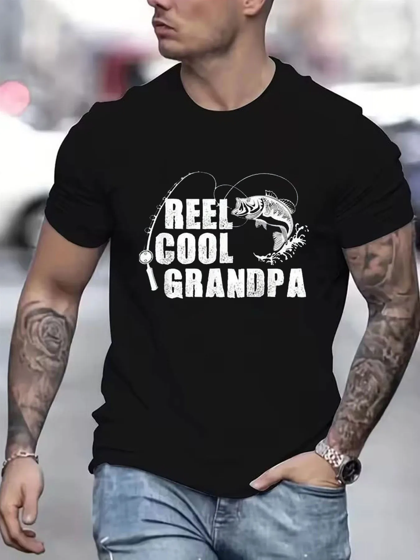 

Cool Grandpa Fishing Gift cotton fiber T-shirt, retro fishing line pattern print, casual round-neck summer men's T-shirt