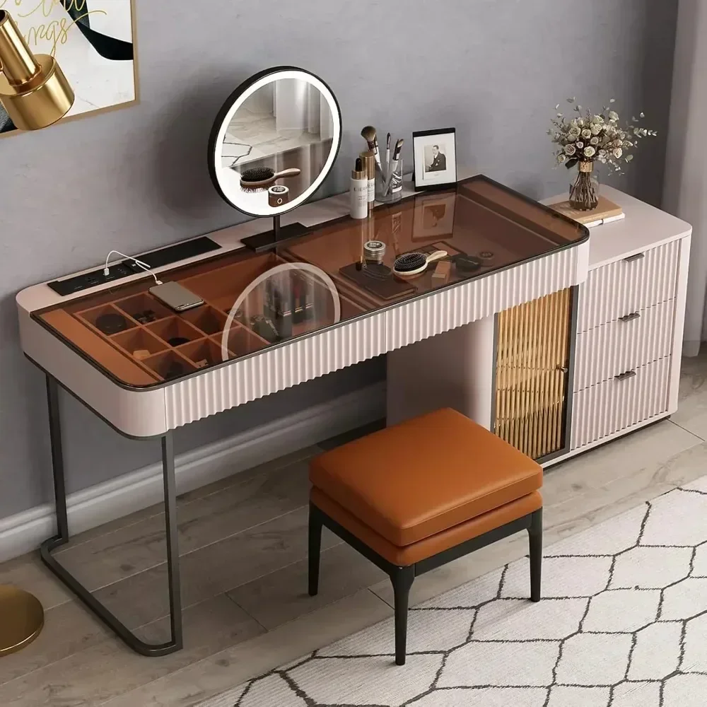 Dressing Table Desk in one with LED Light Vanity Mirror with ash Full Solid Wood upholstered Vanity Stool Makeup Vanity