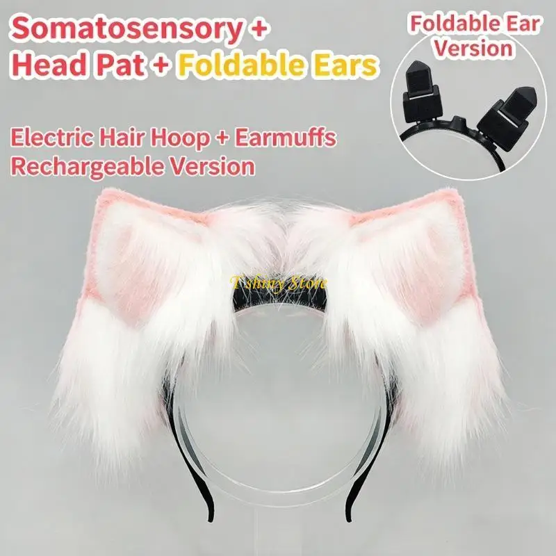 

N58F Electric Animal Ears Hairhoop Headwear Rechargeable Cats Foxes Wolf Ears Headbands Halloween Cosplay Costume Women Men