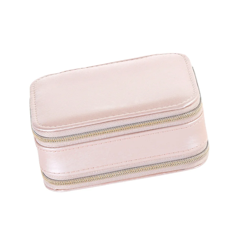 

Zippered Pink PU Jewelry Box Compact Multi-Layer Storage Case Built-in Mirror Portable for Women Girls Travel