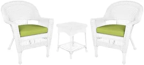3-delige rieten bijzettafelset met groen stoelkussen, wit