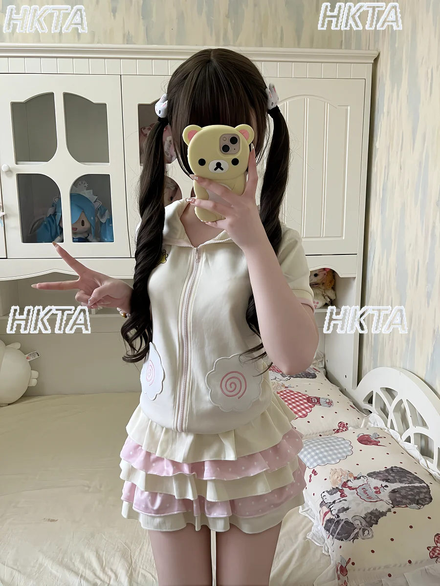 Japanese Cute Cartoon Embroidered Kangaroo Pocket Waist Hooded Jacket Top Female Polka Dot Cake A Line Skirts Sweet Sets Women
