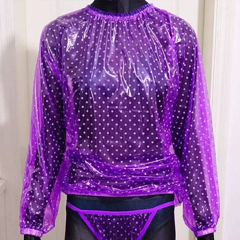 

PVC Transparent Plastic Tops Lace Round Neck Shirt Pullover Soft Silent Loose T-shirt ABDL Waterproof Briefs Couple Set Party