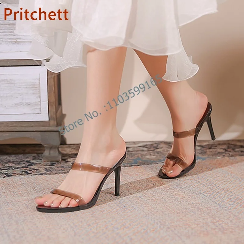 

Transparent Straight Strap Women's Slippers Slip On Solid Round Toe Thin Heel Shoes Summer Slingback Stiletto Shoes Concise