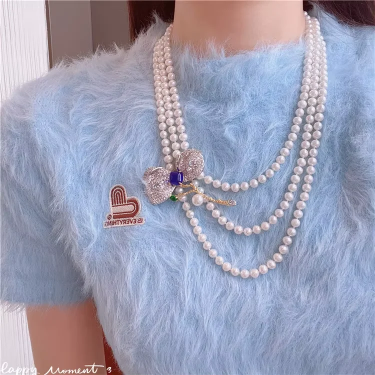 

Natural 3 Strands 65" Long Freshwater Cultured White Pearl Necklace Detachable Brooch For Women
