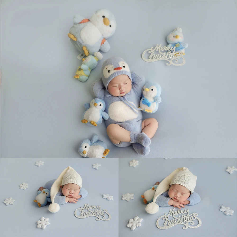 Newborn Penguin Photography Props Set Adorable Baby Penguin Costume Stuffed Dolls Snowflake Decor for Studio Winter Photo Props