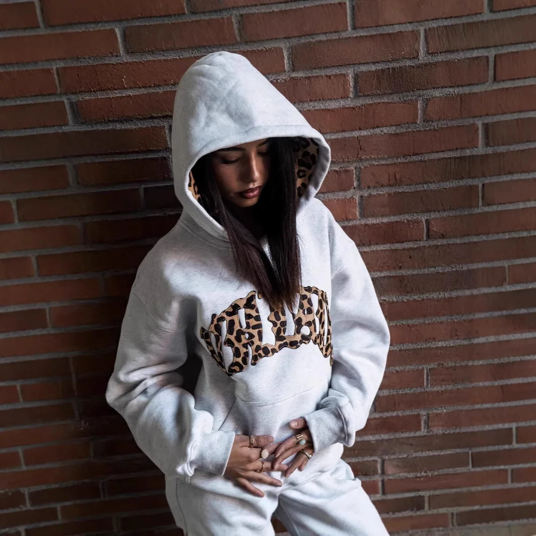 

Unisex Sports Set 2025 Y2K Letter Embroidery Hoodies Shorts Two Piece Set Unisex Leopard Lining Hoodie Street Casual Pants
