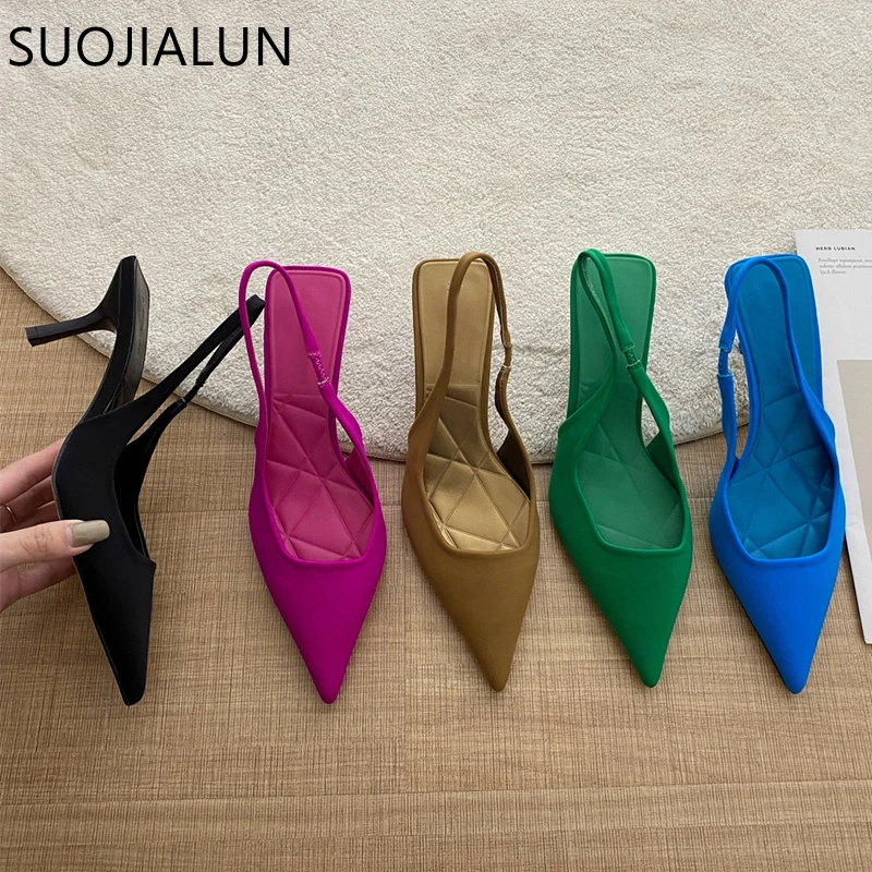 SUOJIALUN 2022 Summer New Brand Pointed Toe Slingback Shoes Thin High Heel Shallow Slip On Ladies Elegant Sandals Plus Size 41