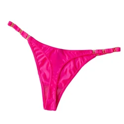 Tanga Sexy con tirantes finos para mujer, ropa interior de corte alto con botón en V de Metal, bragas suaves transpirables