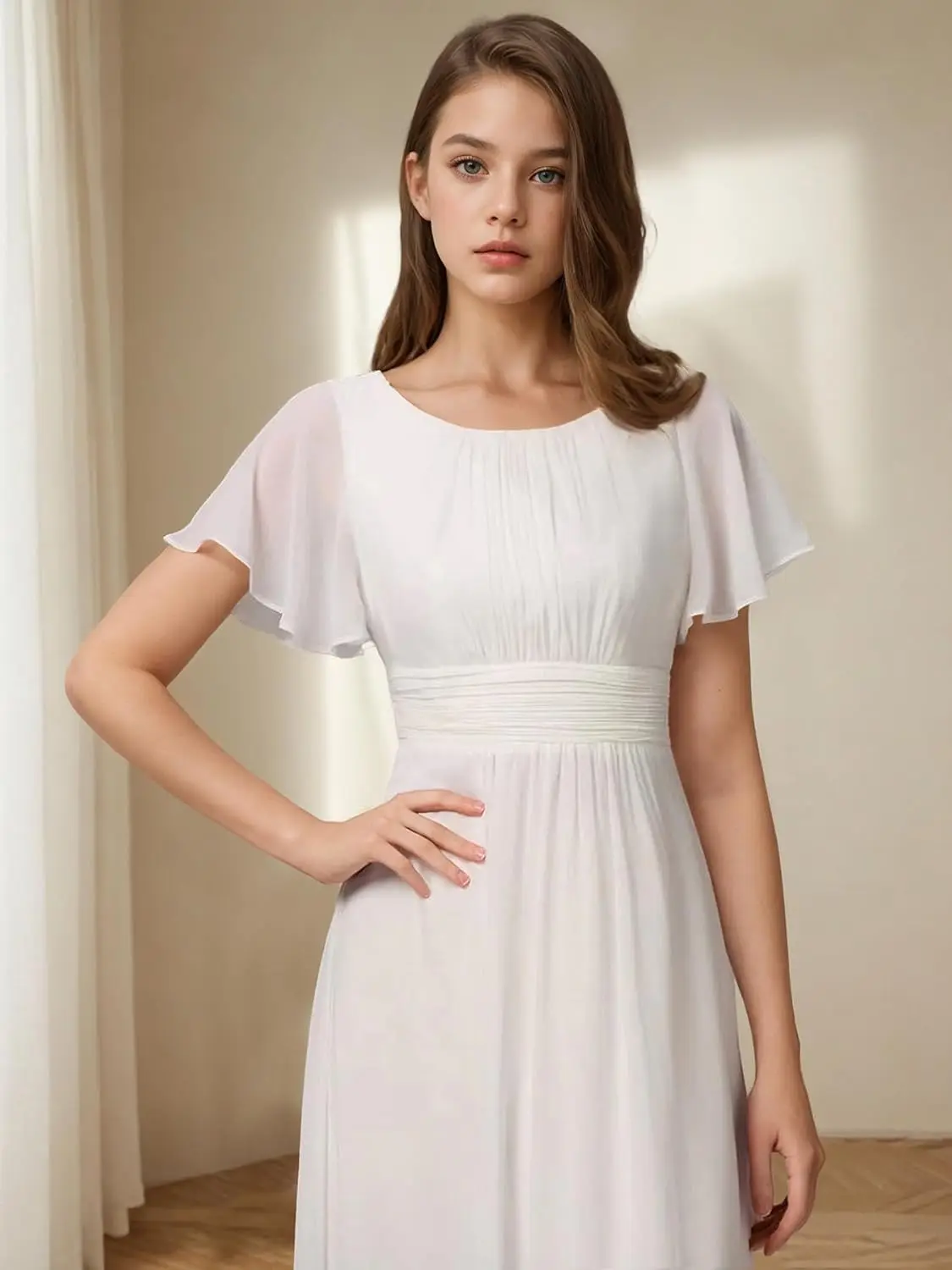 A-lijn Junior Bruidsmeisjesjurken Korte mouwen A-lijn Chiffon Bloemenmeisjesjurk Afstudeerjurken voor meisjes Formele jurk