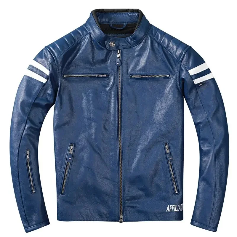 Blue Autumn Leather Jacket Men Sports Style Plus Size 3XL Genuine Natural Cowhide Stand Collar Slim Fit Leather Coat