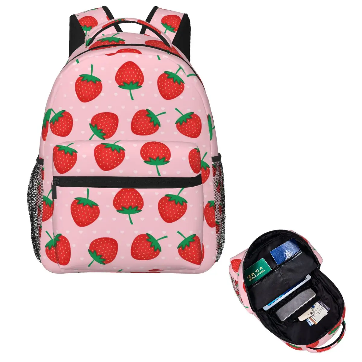 

Pink Summer Strawberries Print Backpack Hot Sale Daypack Large Capacity Children BookBag School Bag Shoulder Bags for Men Women