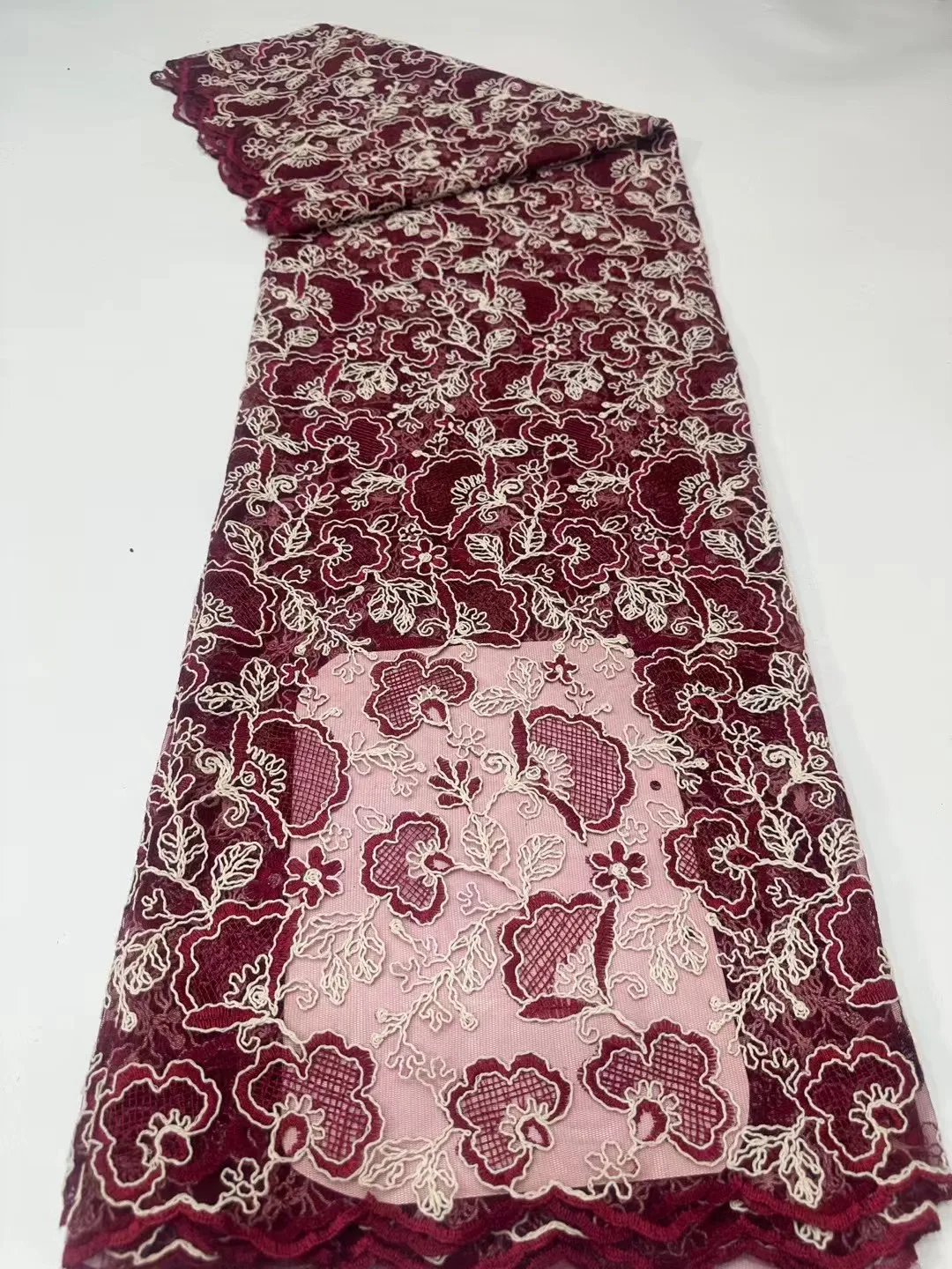 

Cheapest High Quality African Wine Lace Fabric 2026 French Tulle Embroidery Nigeria Wedding Dress Material for Women 5Yard M81-1