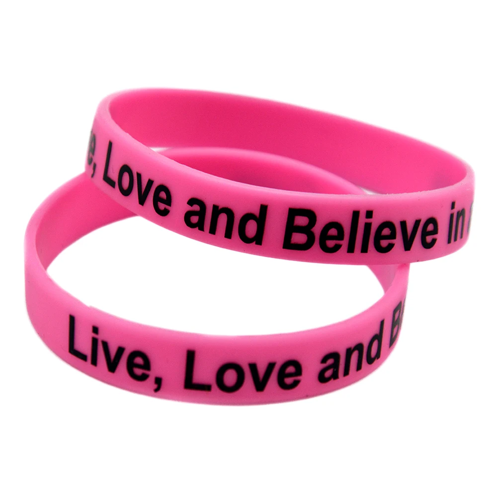 50 Pcs Printed Live Love and Believe in a Cure Silicone Bracelet Inspiratio Wristband Pink