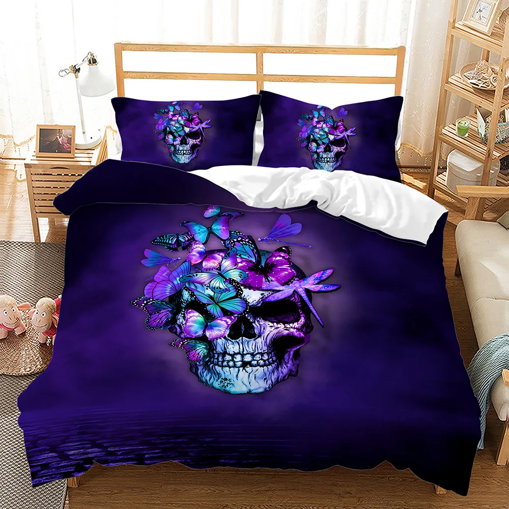 Skull Duvet Cover Set Butterfly Pattern Dark Purple Background King Queen Size for Kids Boys Girls Bedding Set with Pillowcases