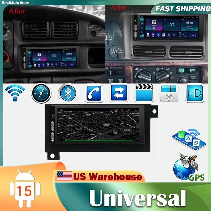 4 core 2G+32G Android 15 6.86Inch Universal Car Stereo Radio Support Wireless Carplay Android Auto GPS Navigation Bluetooth WIFI FM SWC Mirror Link Split Screen+AHD Backup Camera/Microphone